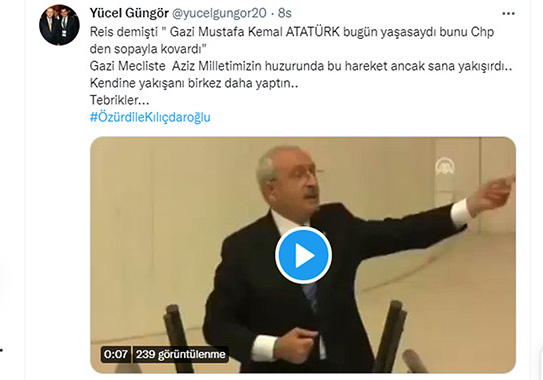 Ak Parti İl Başkanı Yücel Güngör, CHP lideri Kemal Kılıçdaroğlu'nun TBMM kürsüsünde bütçe görüşmeleri oturumunda yaptığı el hareketinin terbiye sınırlarını aştığını söyledi.