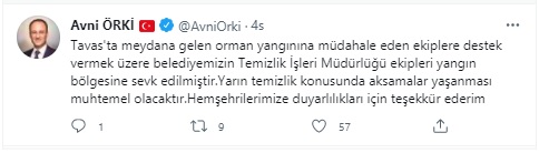 Pamukkale Belediye Başkanı Avni Örki, sosyal medya hesaplarından vatandaşlara seslendi. Örki, Temizlik İşleri Müdürlüğü ekiplerinin yangın bölgesinde çalışmalar yürüttüğünü söyledi ve yaşanabilecek aksamalar için hemşehrilerinden hoşgörü istedi.