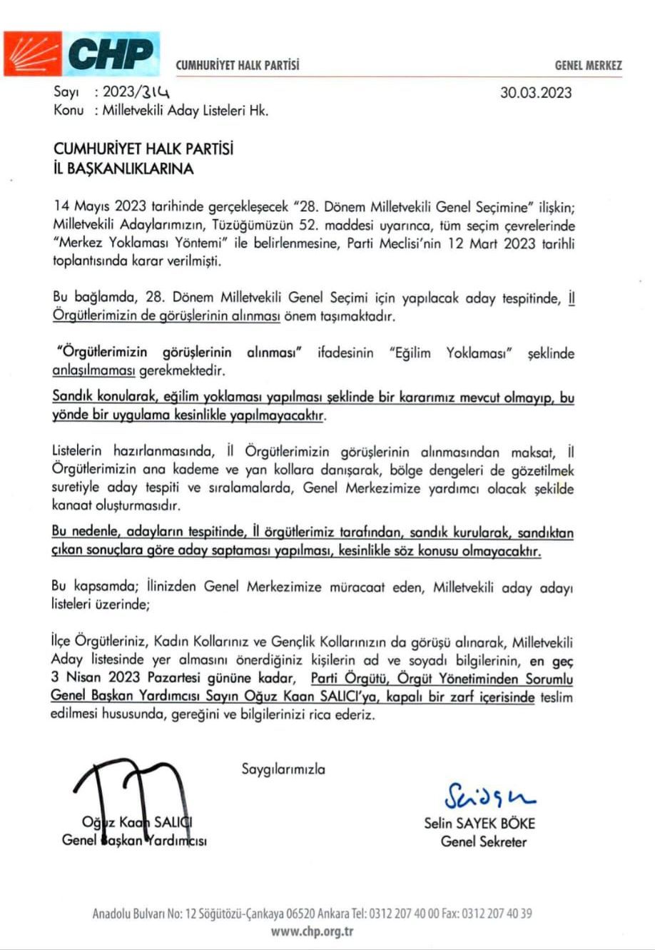 Cumhuriyet Halk Partisi(CHP) Genel Merkezi milletvekili adaylarını belirleme konusunda il başkanlıklarına talimat gönderdi. Talimatta ön seçim yapılmamasının altı çizildi. Peki adaylar nasıl belirlenecek?