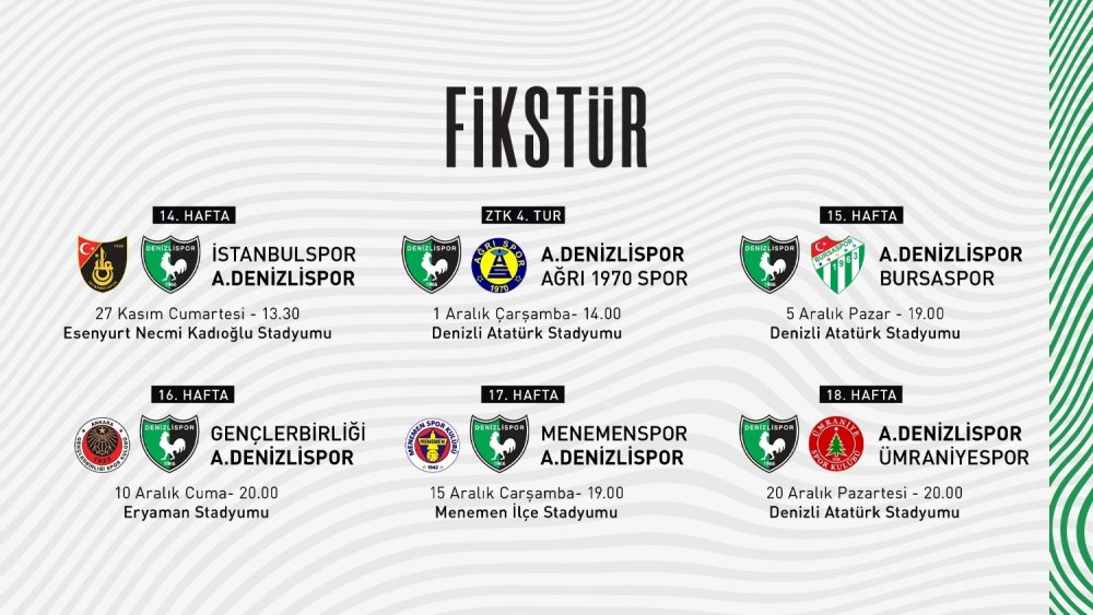 Denizlispor’un Spor Toto 1. Lig 14-18. hafta ve Ziraat Türkiye Kupası 4. Eleme Turu müsabaka programı açıklandı.