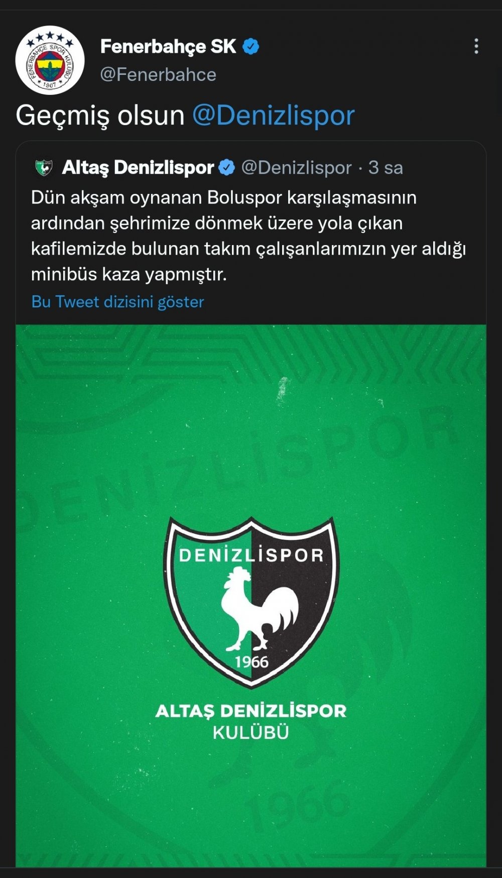 Denizlispor kafilesinin geçirdiği trafik kazasının ardından Türkiye Futbol Federasyonu ve spor kulüpleri geçmiş olsun mesajı yayımladı.