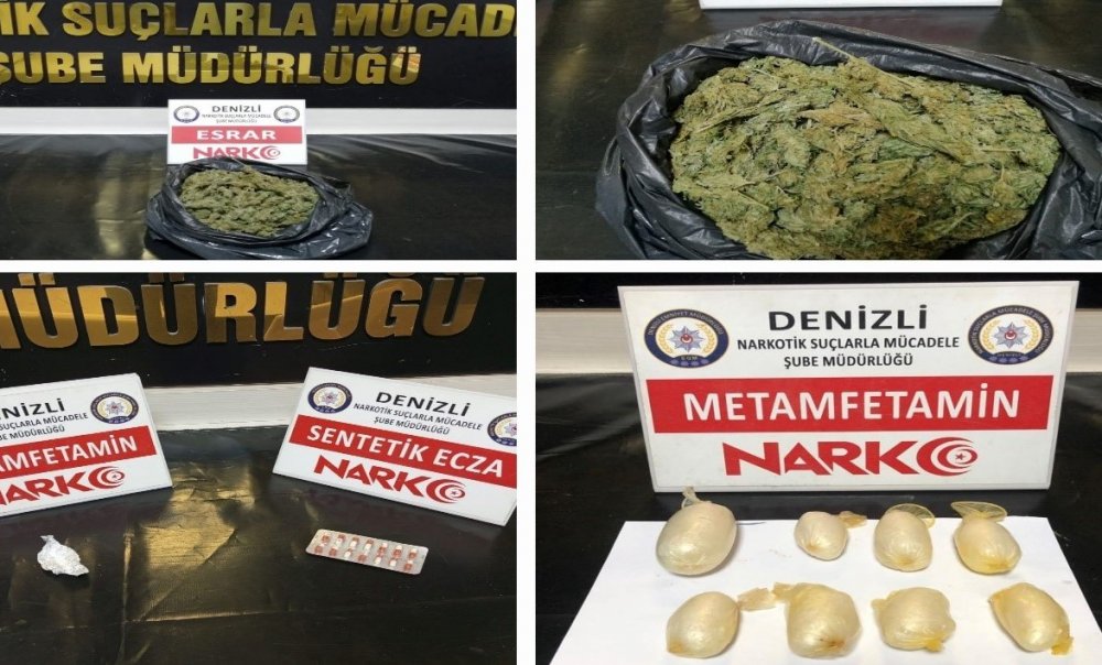 Denizli’de yapılan eş zamanlı operasyonlarda tutuklanan 6 zehir tacirinden kilolarca uyuşturucu maddesi çıktı.