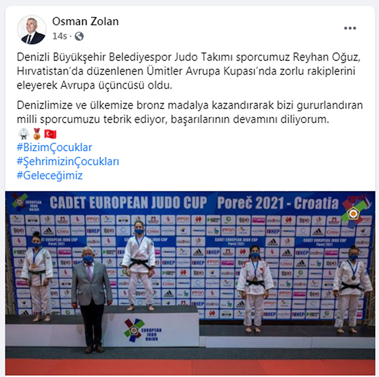 Denizli Büyükşehir Belediyespor Judo Takımı sporcularından Reyhan Oğuz Hırvatistan'da katıldığı Ümitler Avrupa Judo Kupası’nda 3'ncü oldu. Oğuz'un bu başarısını Başkan Zolan sosyal medya hesaplarından duyurdu.