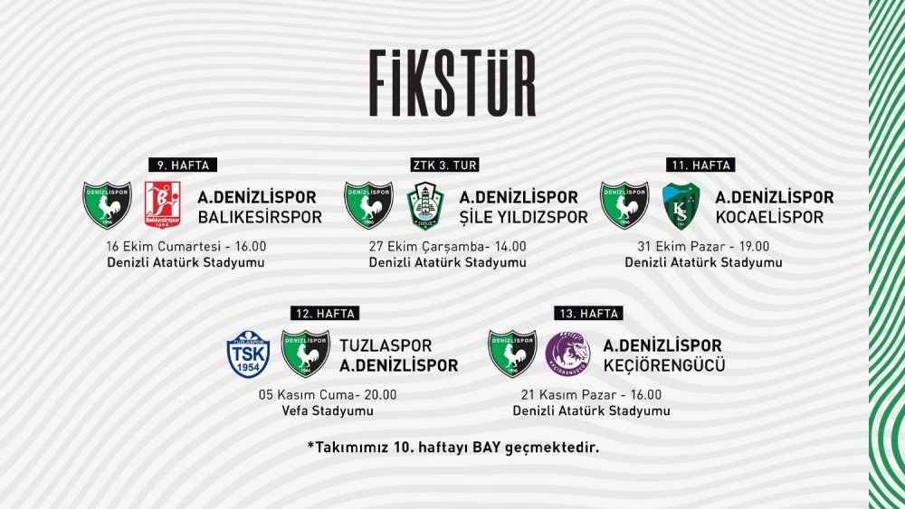 A. Denizlispor’un TFF 1. Lig 9-13. hafta ve Ziraat Türkiye Kupası 3. Eleme Turu müsabaka programı açıklandı. 35 günde toplam 5 maça çıkacak olan Altaş Denizlispor, TFF 1. Lig’in 10. haftasını bay takım olarak geçirecek.