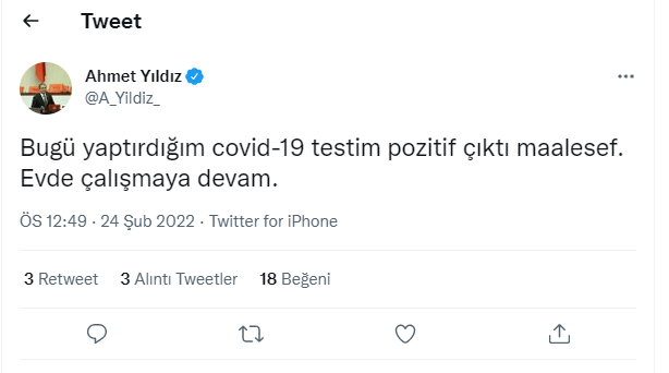 AK Parti Denizli Milletvekili Ahmet Yıldız koronavirüse yakalandı.
