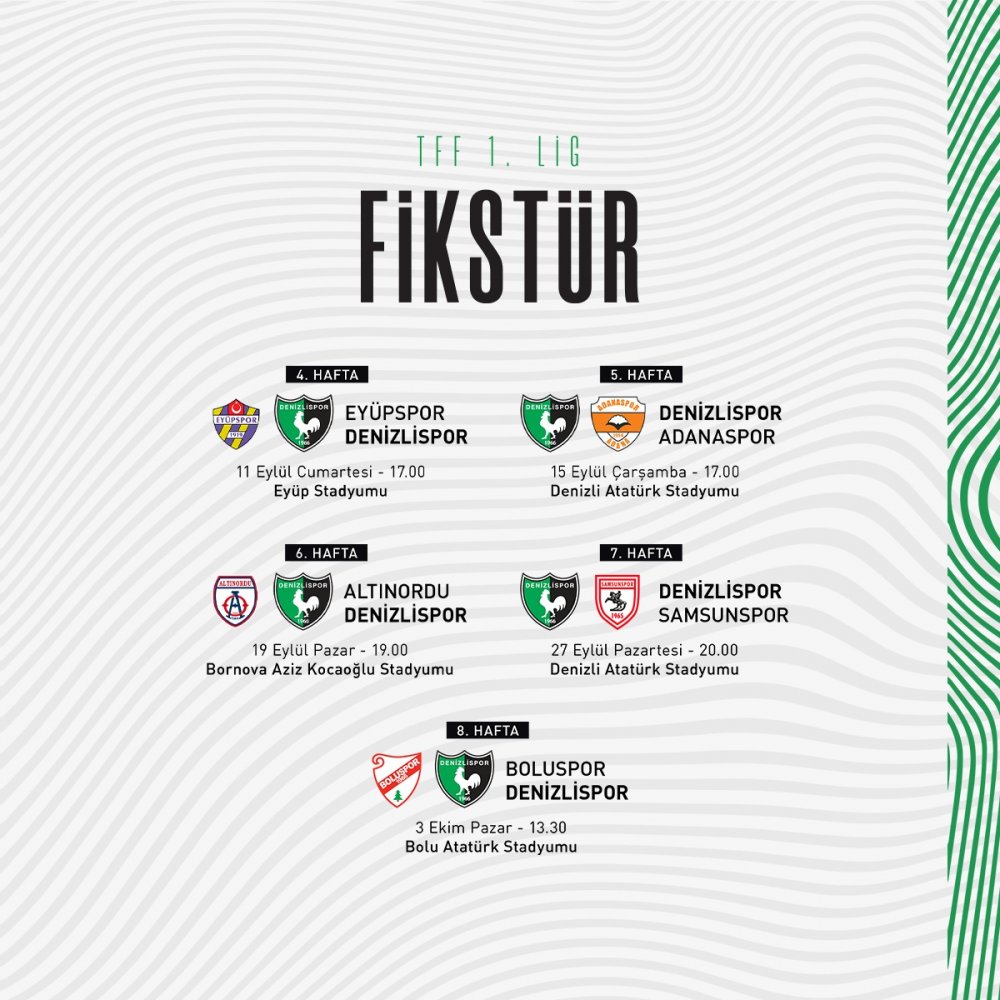 Türkiye Futbol Federasyonu, TFF 1. Lig 2021-2022 sezonunun 4, 5, 6, 7 ve 8’inci hafta programlarını açıkladı. 