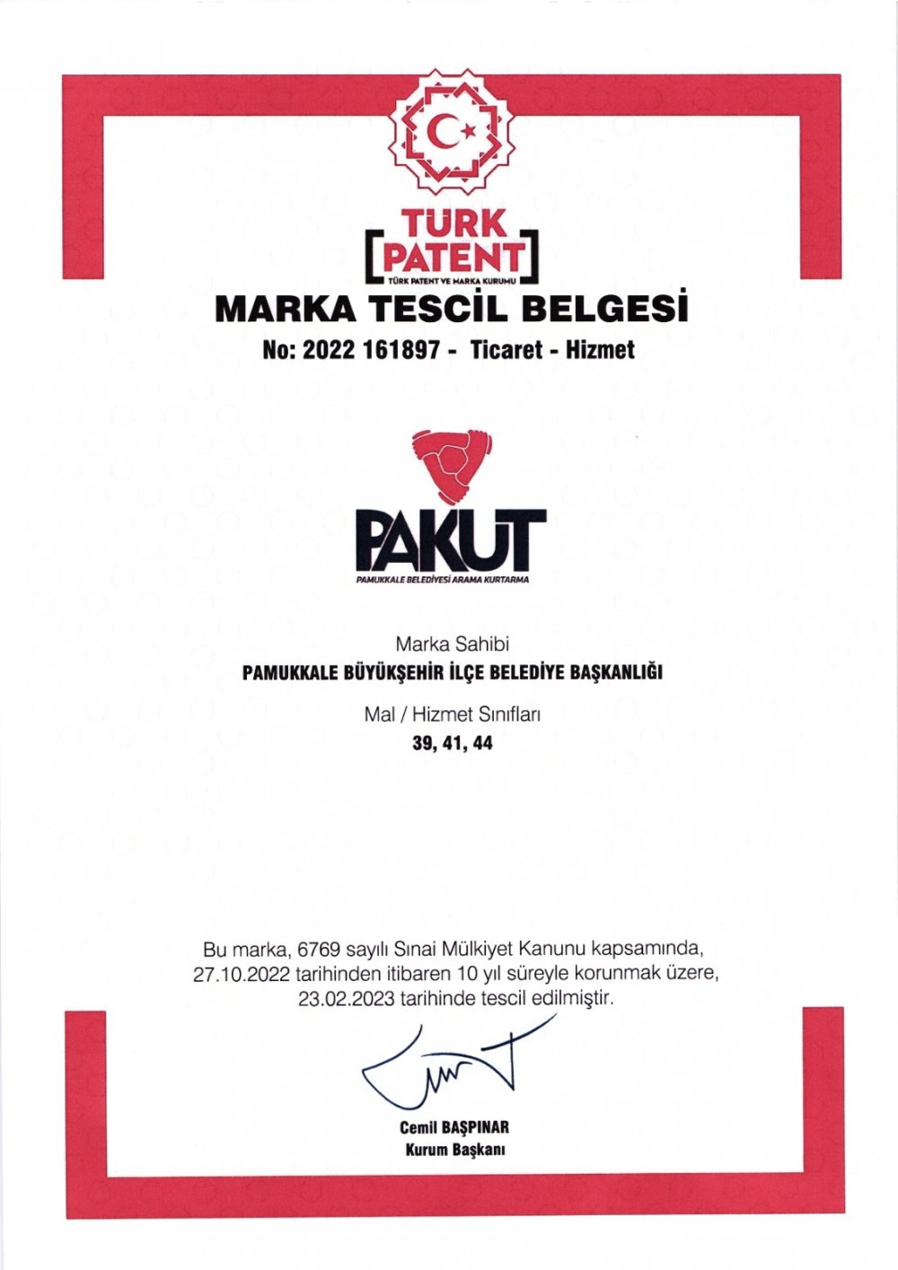 Kısa adı PAKUT olan Pamukkale Belediyesi Arama Kurtarma Timi’nin adı Türk Patent ve Marka Kurumu tarafından tescillendi. PAKUT, asrın felaketi olarak tarihe geçen Kahramanmaraş depreminin ilk gününden itibaren arama kurtarma çalışmalarına katılarak hayatlar kurtarmıştı.