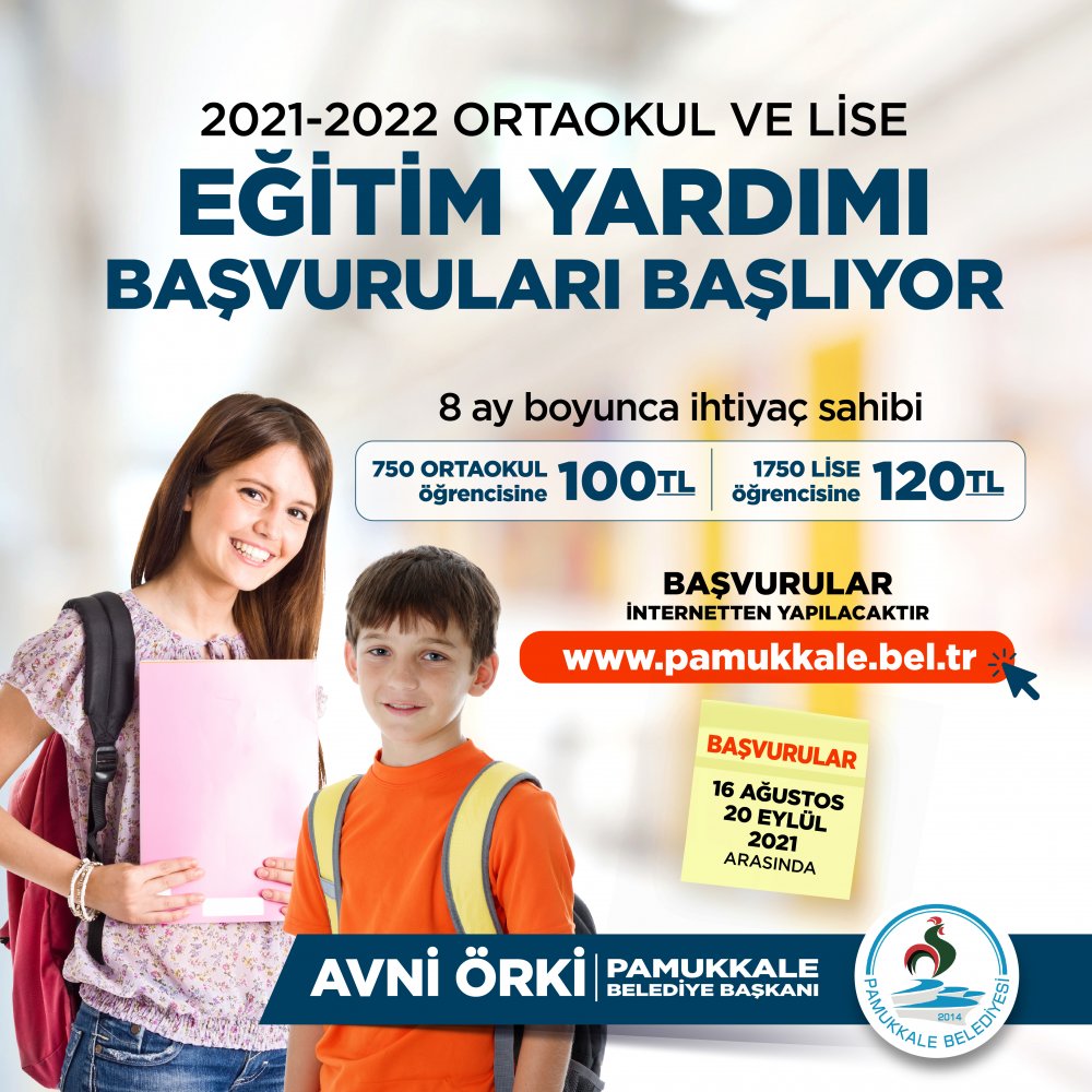 Pamukkale Belediyesinin eğitim konusundaki önemli çalışmalarından olan eğitim yardımının başvuru tarihleri belli oldu. Ortaokul ve lise öğrencileri 16 Ağustos -20 Eylül 2021 tarihleri arasında başvuru yapabilecekler.